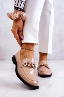 Skórzane Mokasyny Loafery Z Łańcuchem Beżowe Killen