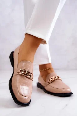 Skórzane Mokasyny Loafery Z Łańcuchem Beżowe Killen