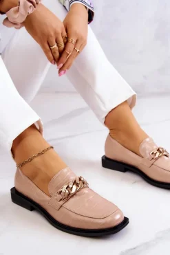 Skórzane Mokasyny Loafery Z Łańcuchem Beżowe Killen
