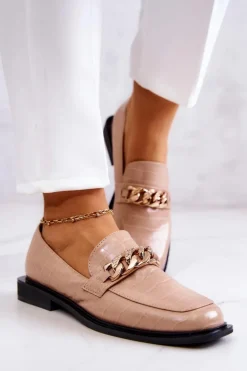 Skórzane Mokasyny Loafery Z Łańcuchem Beżowe Killen