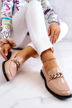 Skórzane Mokasyny Loafery Z Łańcuchem Beżowe Killen