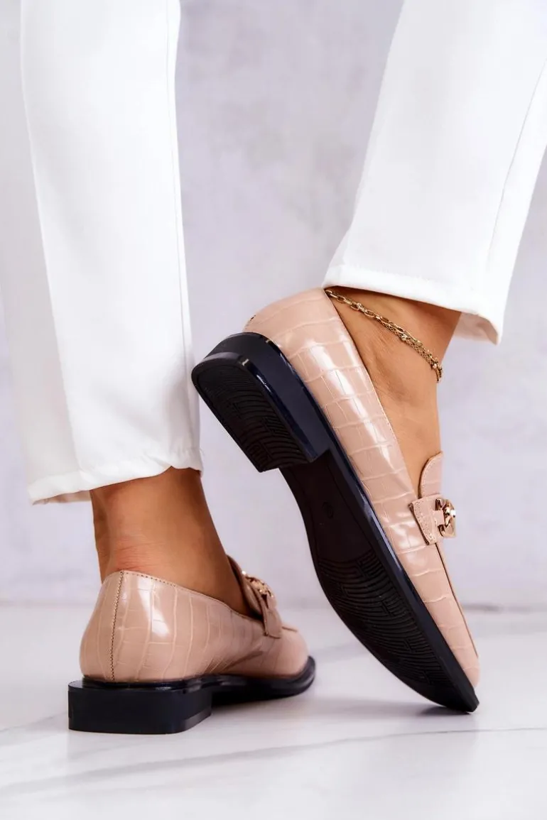 Skórzane Mokasyny Loafery Z Łańcuchem Beżowe Killen