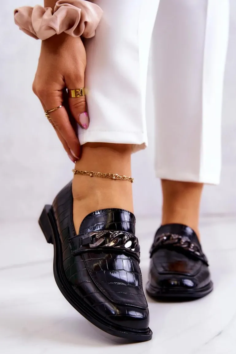 Skórzane Mokasyny Loafery Z Łańcuchem Czarne Killen