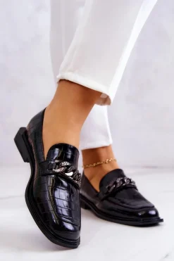 Skórzane Mokasyny Loafery Z Łańcuchem Czarne Killen