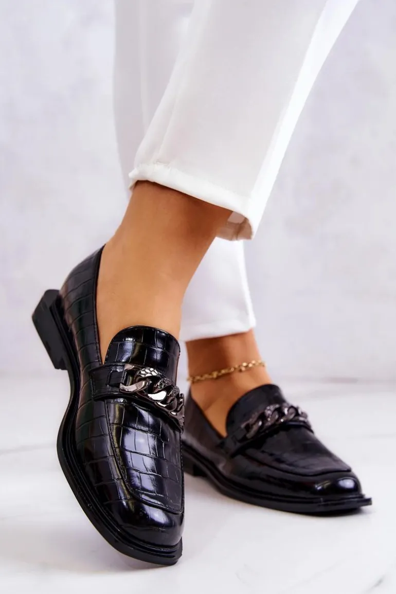 Skórzane Mokasyny Loafery Z Łańcuchem Czarne Killen