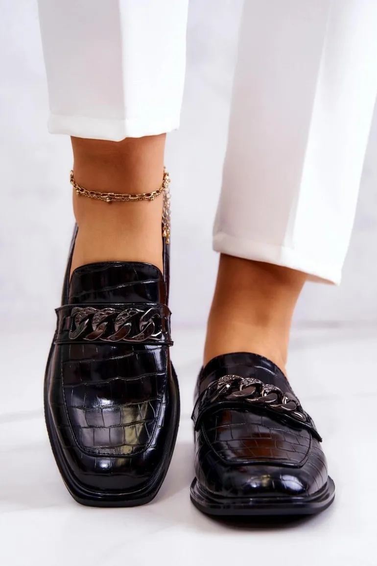 Skórzane Mokasyny Loafery Z Łańcuchem Czarne Killen