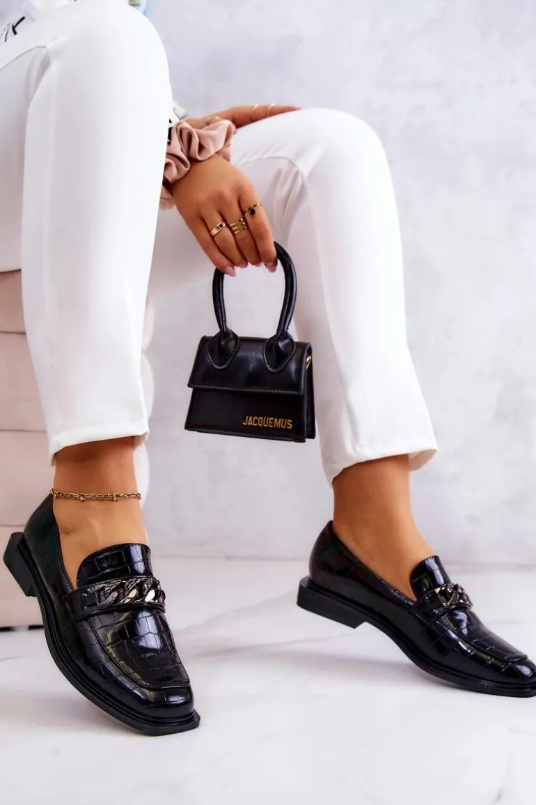 Skórzane Mokasyny Loafery Z Łańcuchem Czarne Killen