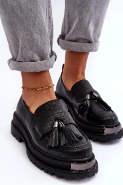 Skórzane Mokasyny Na Platformie I Płaskim Obcasie Czarne Jorne