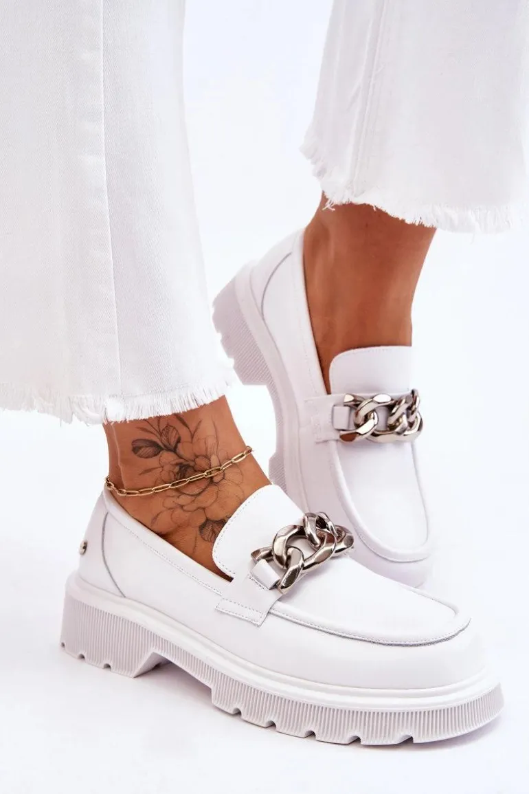 Skórzane Mokasyny Z Łańcuchem GOE LL2N4038 Białe
