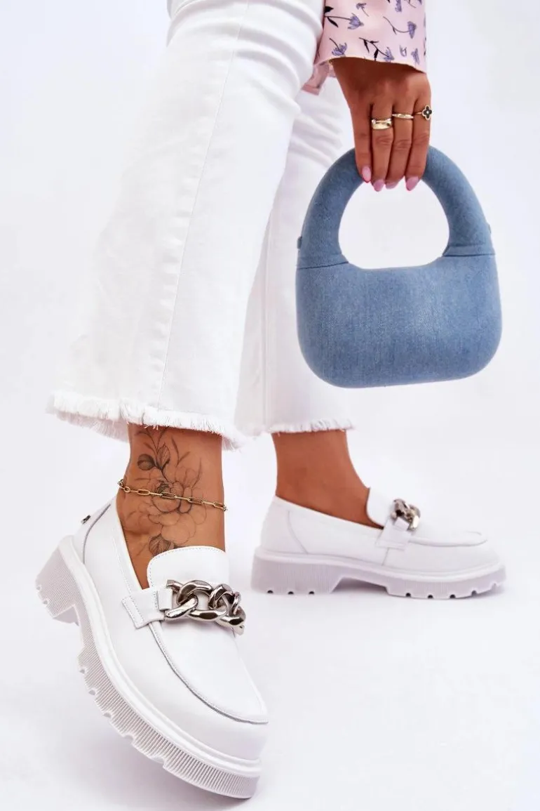 Skórzane Mokasyny Z Łańcuchem GOE LL2N4038 Białe