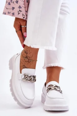 Skórzane Mokasyny Z Łańcuchem GOE LL2N4038 Białe