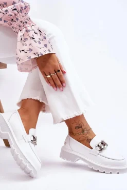 Skórzane Mokasyny Z Łańcuchem GOE LL2N4038 Białe