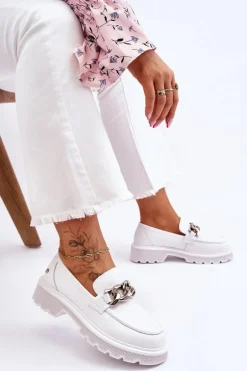 Skórzane Mokasyny Z Łańcuchem GOE LL2N4038 Białe