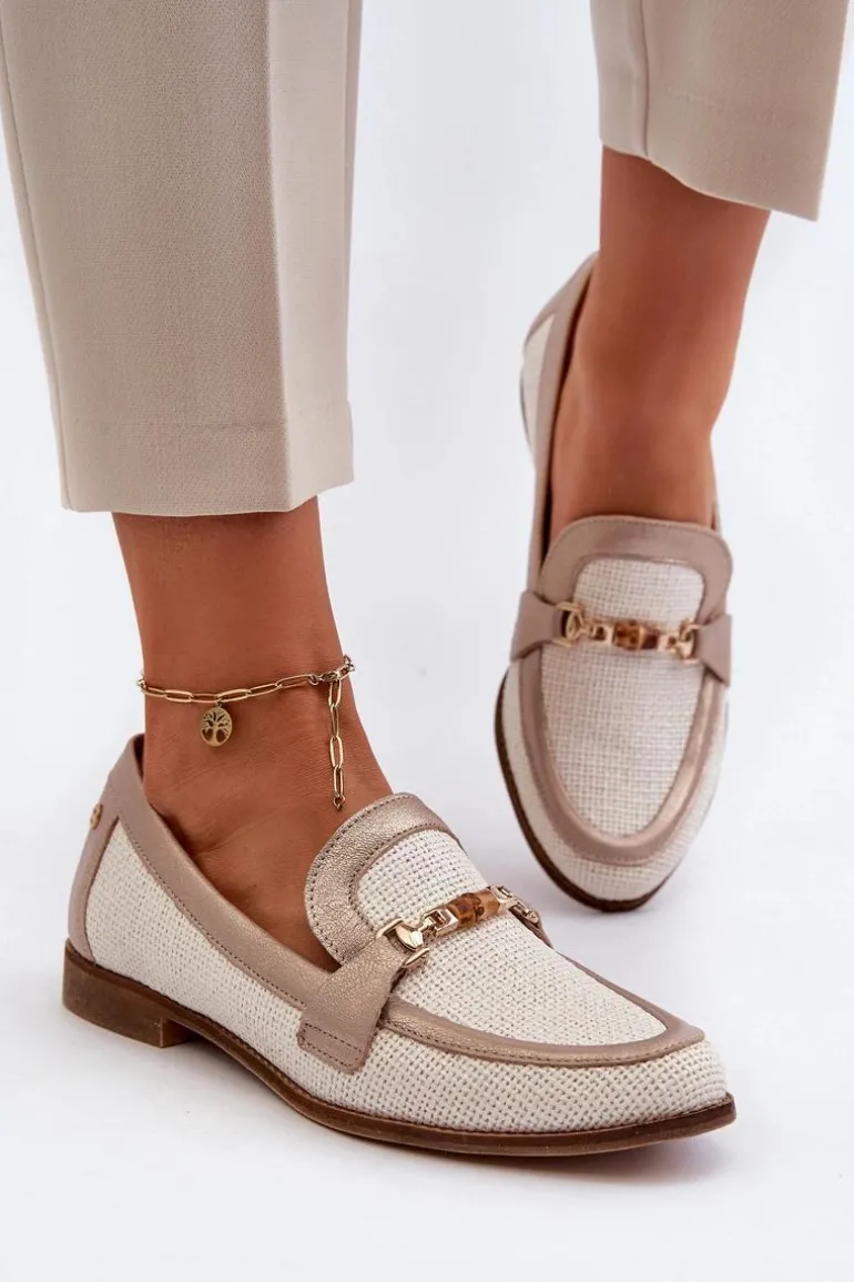 Skórzane Mokasyny Z Ozdobą Złote Maciejka 06442-25 Złote