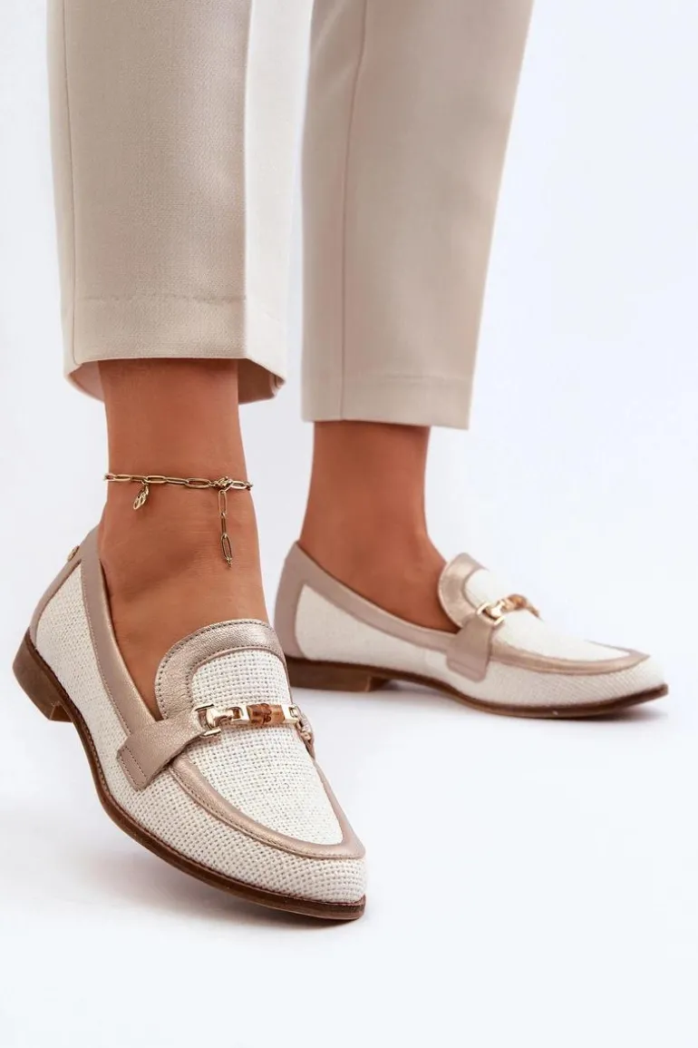 Skórzane Mokasyny Z Ozdobą Złote Maciejka 06442-25 Złote