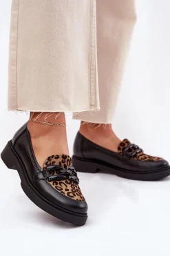 Skórzane Mokasyny Z Ozdobą I Panterką Laura Messi 2965 Czarne