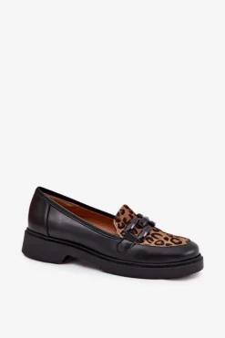 Skórzane Mokasyny Z Ozdobą I Panterką Laura Messi 2965 Czarne