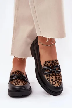 Skórzane Mokasyny Z Ozdobą I Panterką Laura Messi 2965 Czarne
