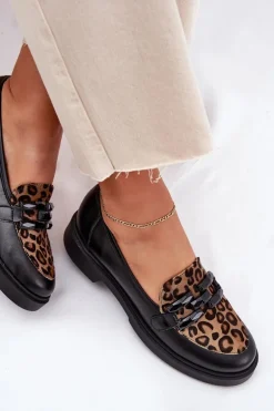 Skórzane Mokasyny Z Ozdobą I Panterką Laura Messi 2965 Czarne
