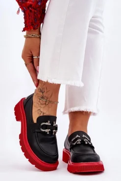 Skórzane Mokasyny Z Ozdobą GOE LL2N4040 Czarno-Czerwone