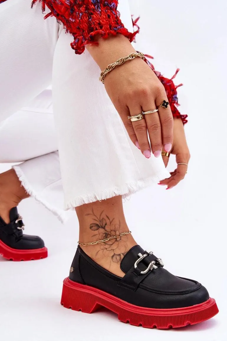 Skórzane Mokasyny Z Ozdobą GOE LL2N4040 Czarno-Czerwone