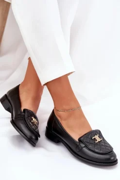 Skórzane Mokasyny Ze Złotą Ozdobą Laura Messi 2927 Czarne