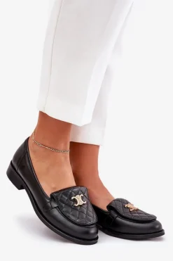 Skórzane Mokasyny Ze Złotą Ozdobą Laura Messi 2927 Czarne