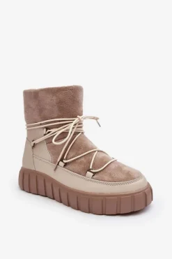 Skórzane Śniegowce Botki Na Platformie Beżowe Maxava