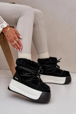 Skórzane Śniegowce Damskie Na Grubej Podeszwie Z Futerkiem Big Star OO274A206 Czarne