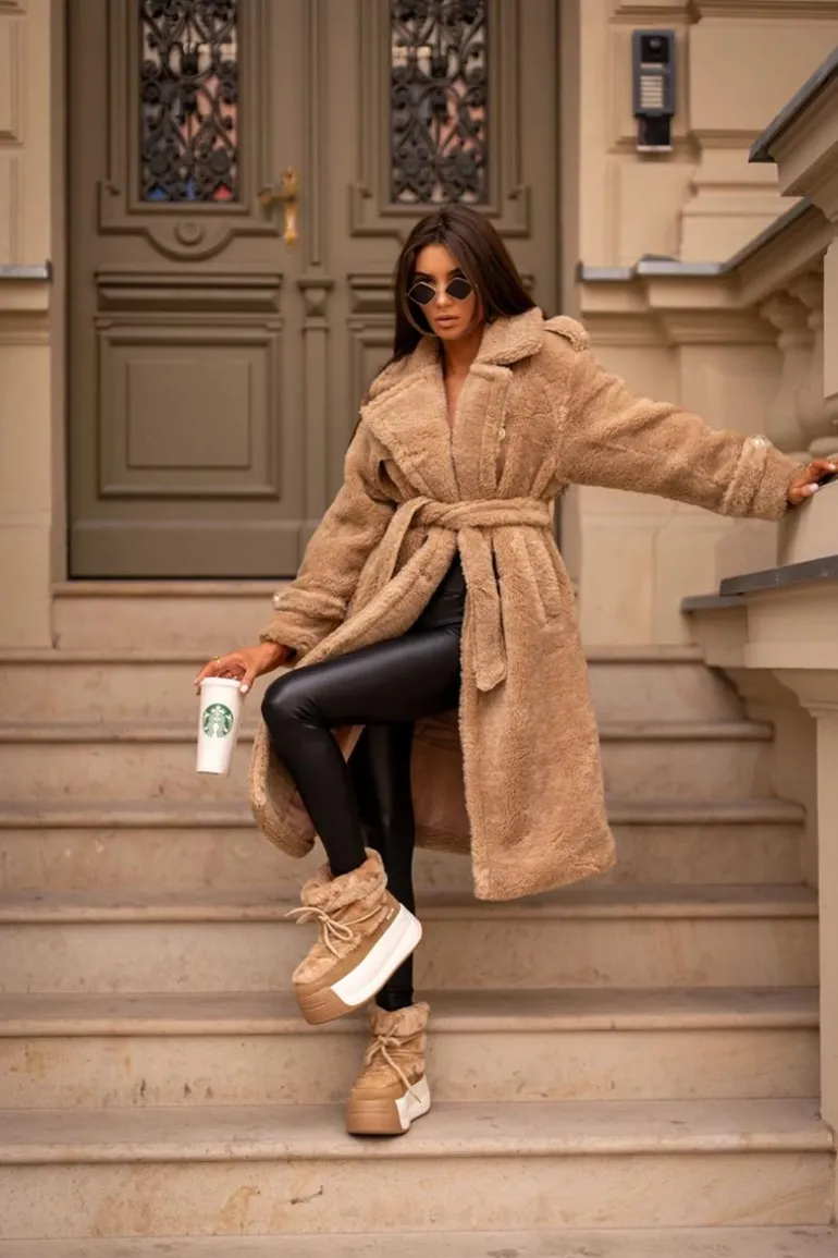 Skórzane Śniegowce Damskie Na Grubej Podeszwie Z Futerkiem Big Star OO274A207 Brązowe