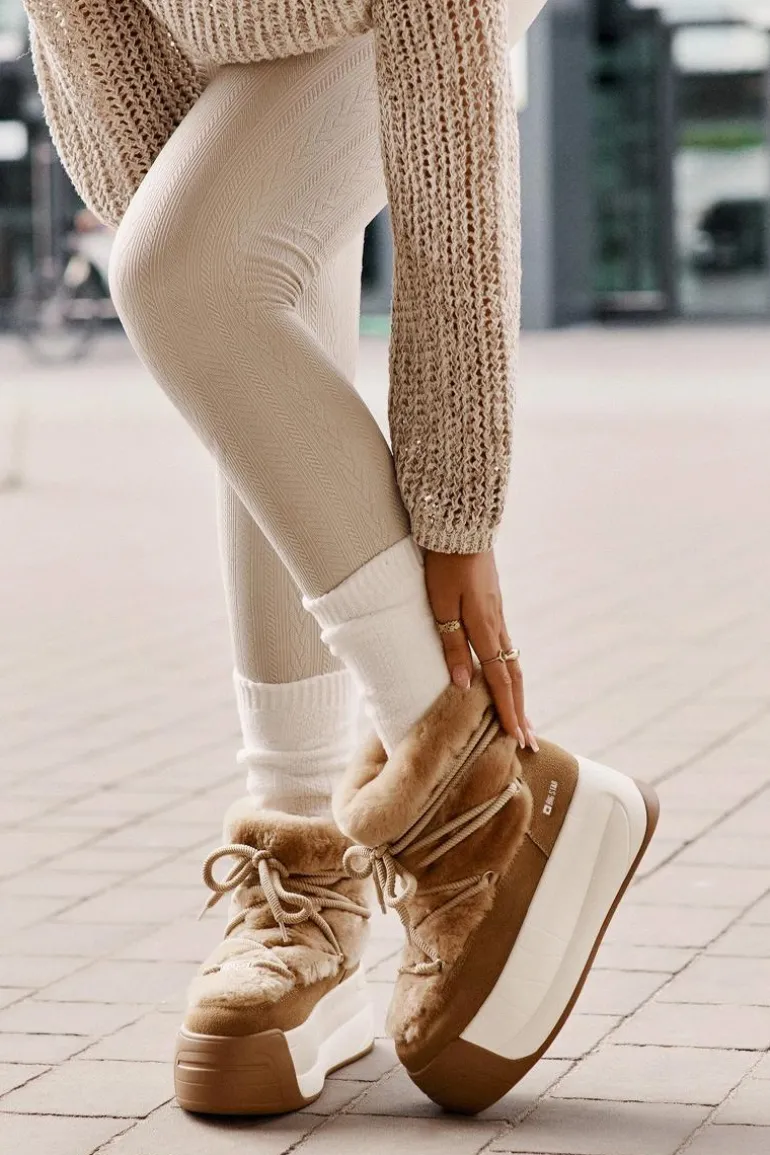 Skórzane Śniegowce Damskie Na Grubej Podeszwie Z Futerkiem Big Star OO274A207 Brązowe