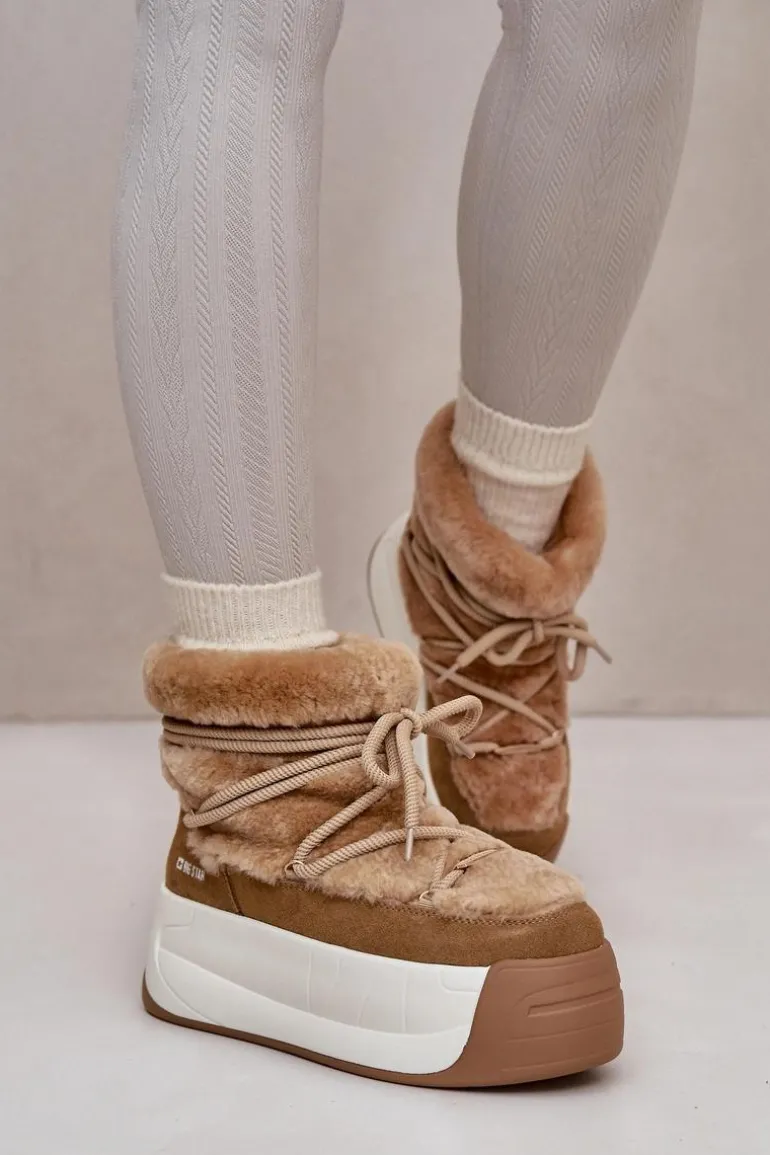 Skórzane Śniegowce Damskie Na Grubej Podeszwie Z Futerkiem Big Star OO274A207 Brązowe