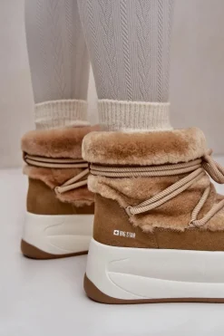 Skórzane Śniegowce Damskie Na Grubej Podeszwie Z Futerkiem Big Star OO274A207 Brązowe