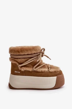 Skórzane Śniegowce Damskie Na Grubej Podeszwie Z Futerkiem Big Star OO274A207 Brązowe