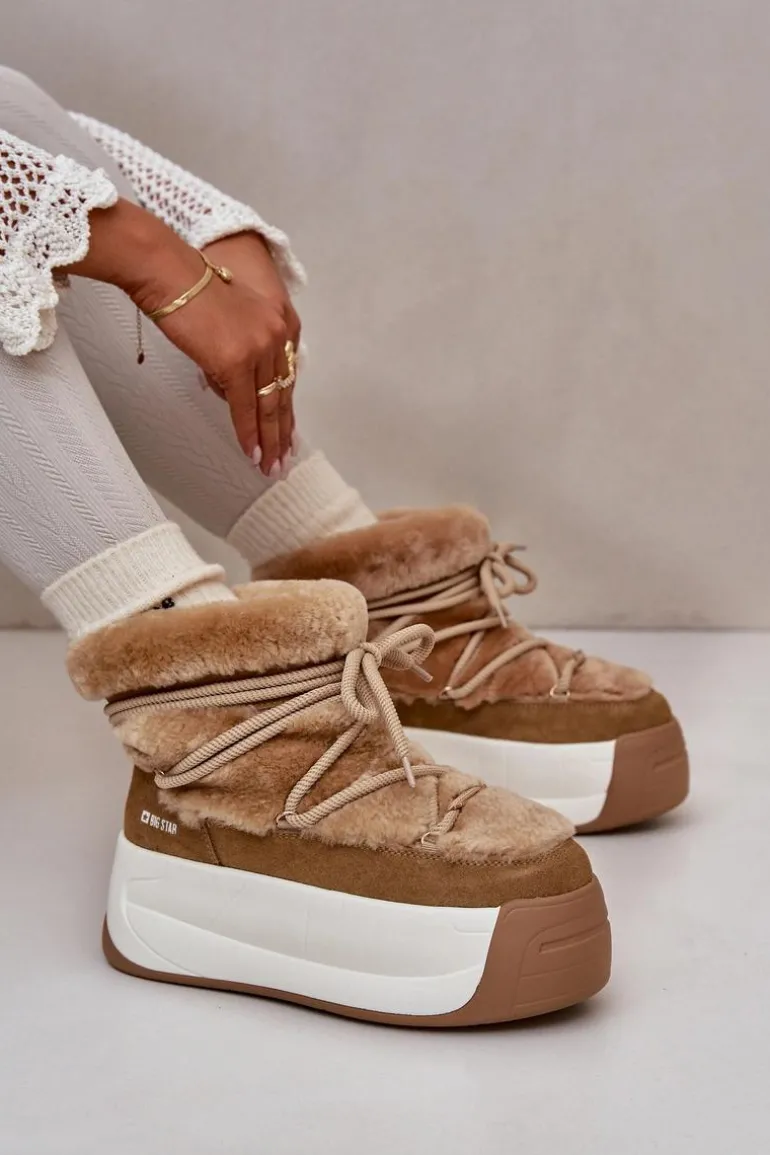 Skórzane Śniegowce Damskie Na Grubej Podeszwie Z Futerkiem Big Star OO274A207 Brązowe
