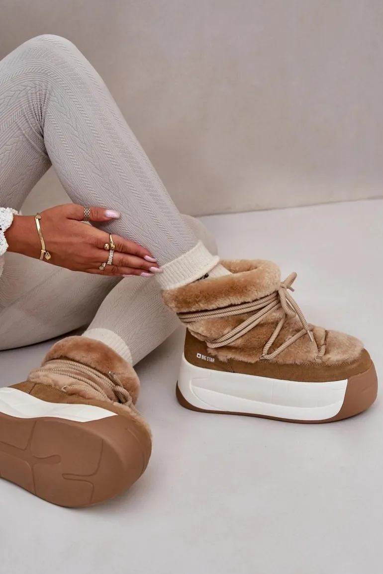 Skórzane Śniegowce Damskie Na Grubej Podeszwie Z Futerkiem Big Star OO274A207 Brązowe