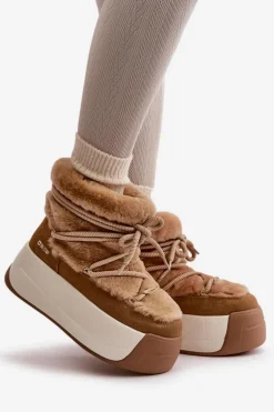 Skórzane Śniegowce Damskie Na Grubej Podeszwie Z Futerkiem Big Star OO274A207 Brązowe