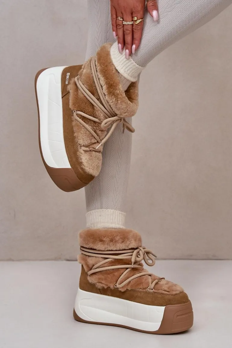 Skórzane Śniegowce Damskie Na Grubej Podeszwie Z Futerkiem Big Star OO274A207 Brązowe