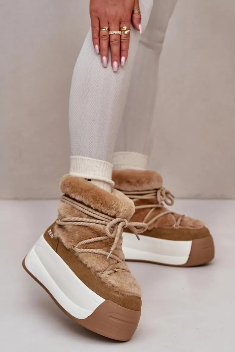 Skórzane Śniegowce Damskie Na Grubej Podeszwie Z Futerkiem Big Star OO274A207 Brązowe