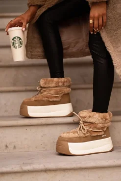 Skórzane Śniegowce Damskie Na Grubej Podeszwie Z Futerkiem Big Star OO274A207 Brązowe