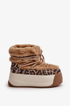 Skórzane Śniegowce Damskie Na Grubej Podeszwie Z Futerkiem Panterka Big Star OO274A208 Brązowe