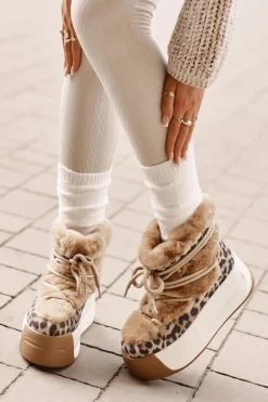 Skórzane Śniegowce Damskie Na Grubej Podeszwie Z Futerkiem Panterka Big Star OO274A208 Brązowe