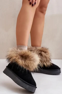 Skórzane Śniegowce Na Platformie Z Futerkiem Czarne Avirisa