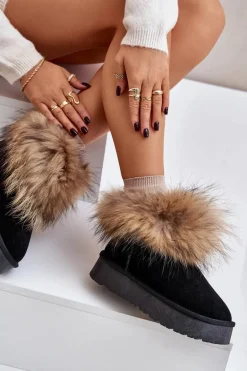 Skórzane Śniegowce Na Platformie Z Futerkiem Czarne Avirisa