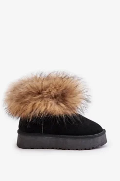 Skórzane Śniegowce Na Platformie Z Futerkiem Czarne Avirisa