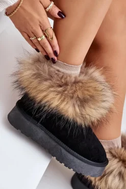 Skórzane Śniegowce Na Platformie Z Futerkiem Czarne Avirisa