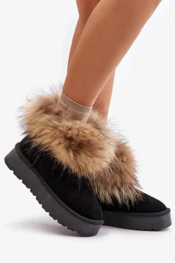 Skórzane Śniegowce Na Platformie Z Futerkiem Czarne Avirisa