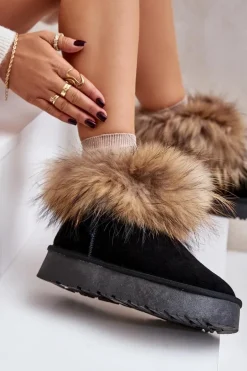 Skórzane Śniegowce Na Platformie Z Futerkiem Czarne Avirisa