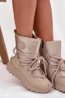 Skórzane Śniegowce Na Platformie Lee Cooper LCJ-25-12-3663 Beżowo-Złote
