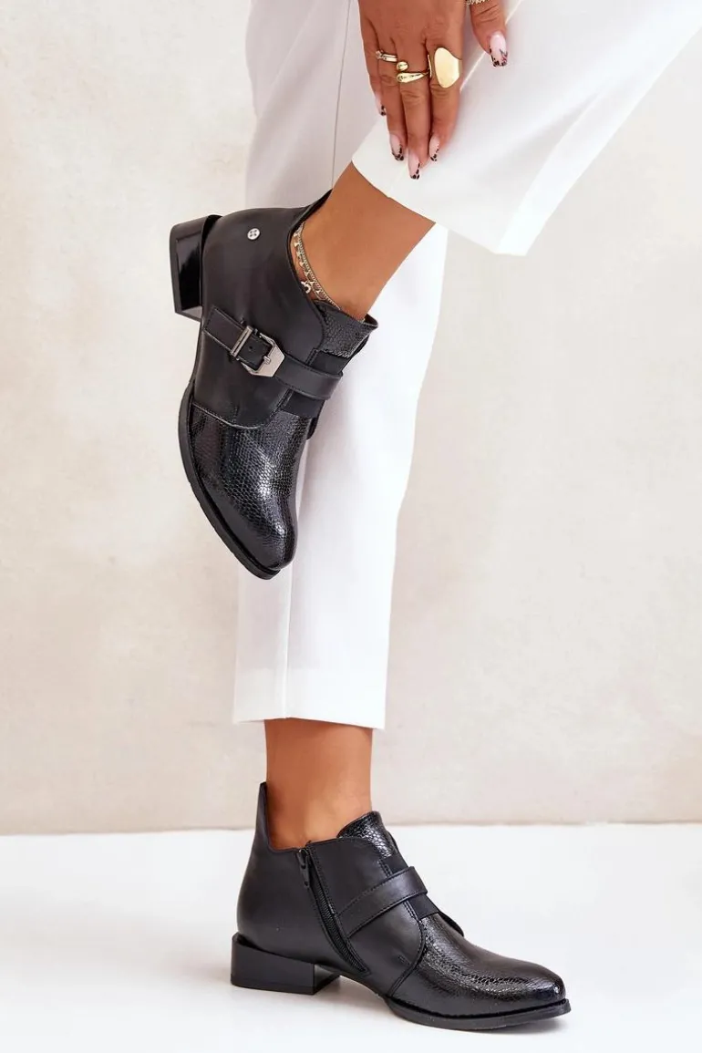 Skórzane Niskie Botki Na Zamek Maciejka 06692-01 Czarne